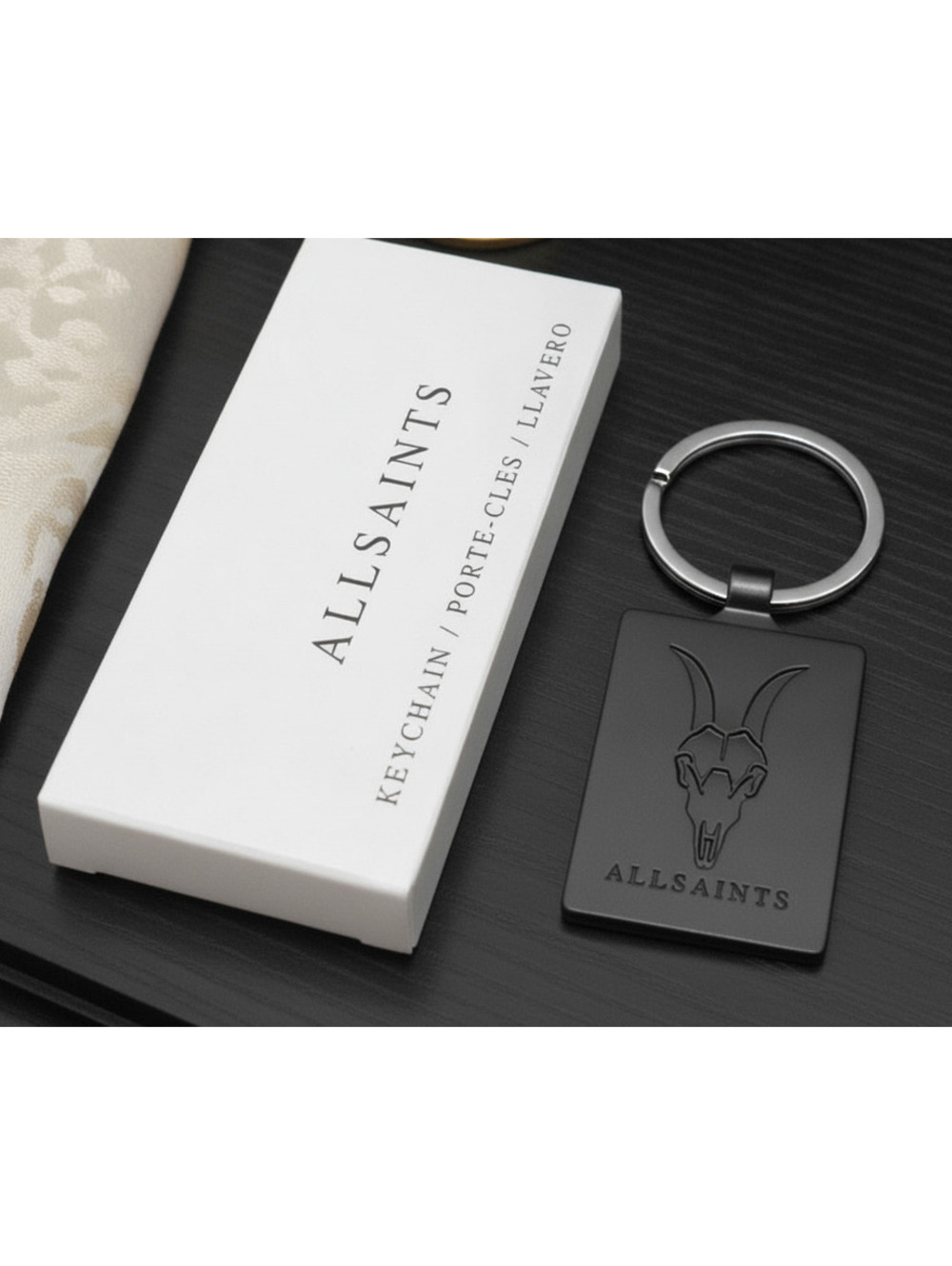 AllSaints Ramshead Black Metal Keychain Keyring Designer NEW